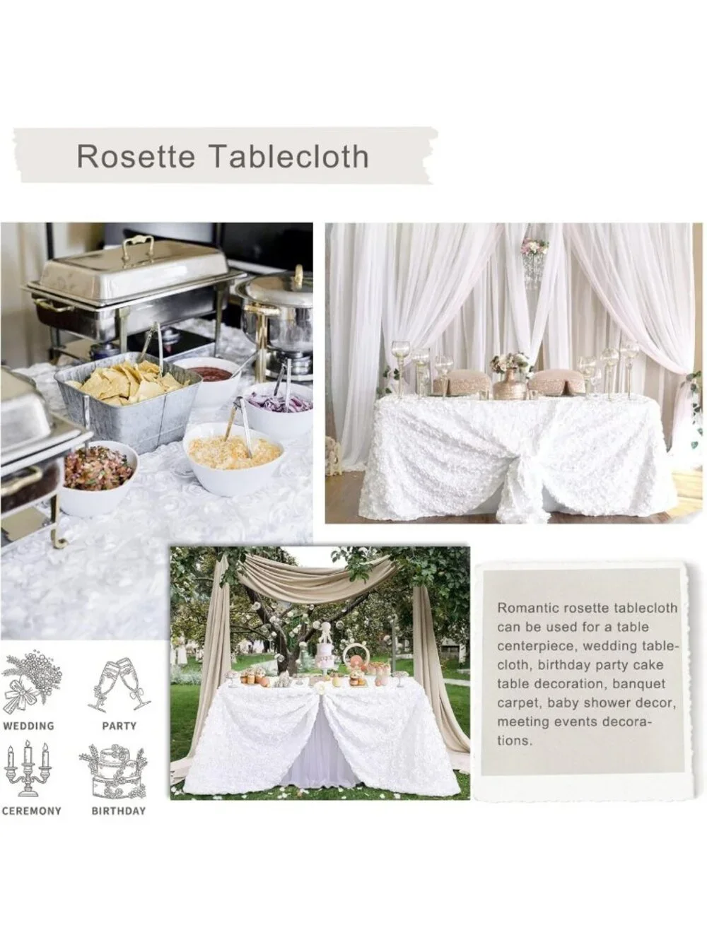 Elegant 3D Floral Rosette Satin Tablecloth 90